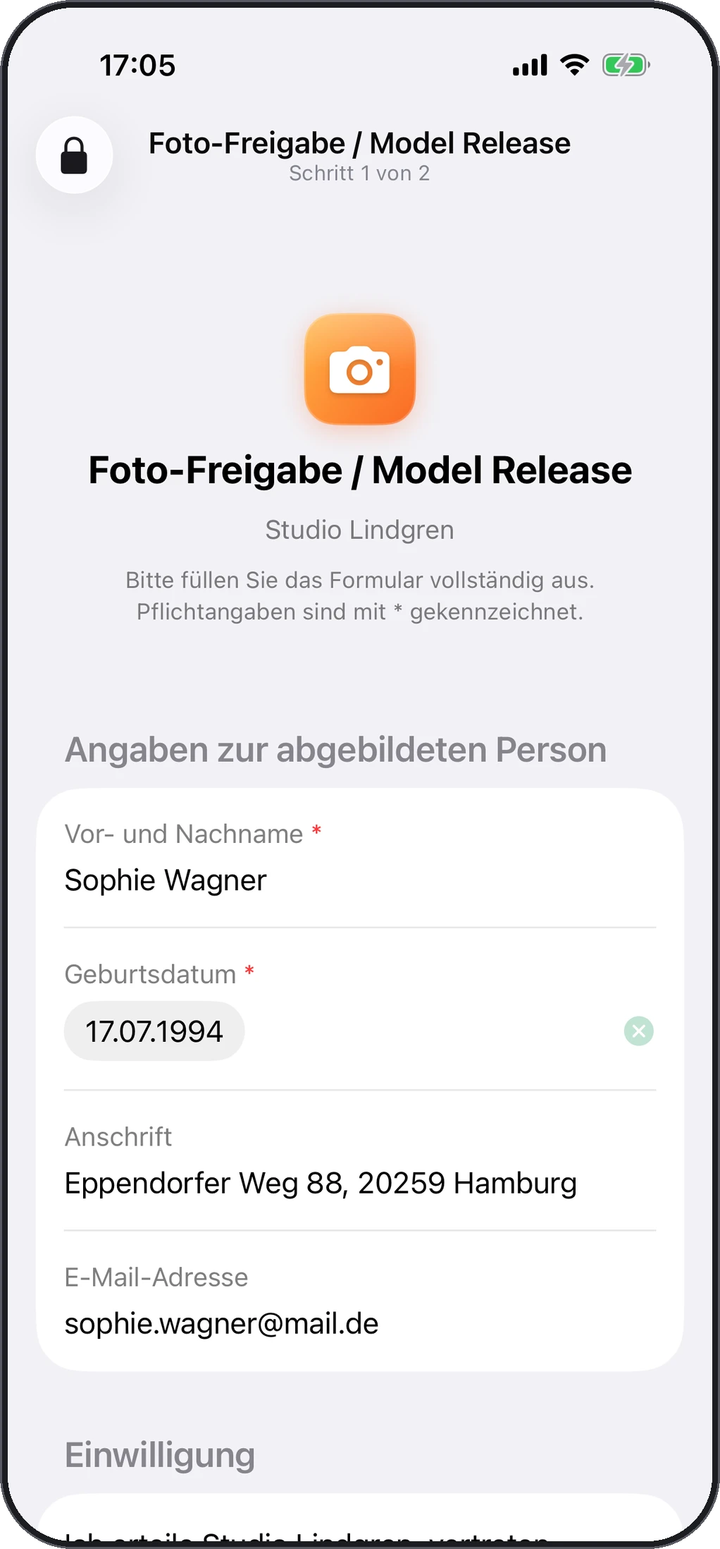 Einverständnis auf dem iPhone: ein ausgefülltes Formular zur Foto-Freigabe